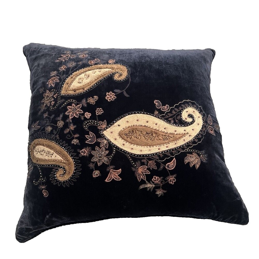Rodeo Home Luxury Velvet Throw Pillow Feather Down Filled Blue Paisley 22 x 22in